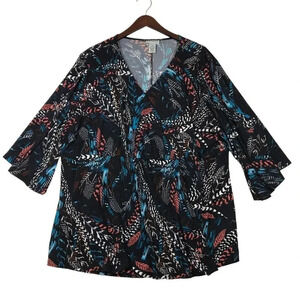 Catherines Plus 2X Blouse Top Baby Doll Navy Feather Leaf Print Faux Wrap V-neck